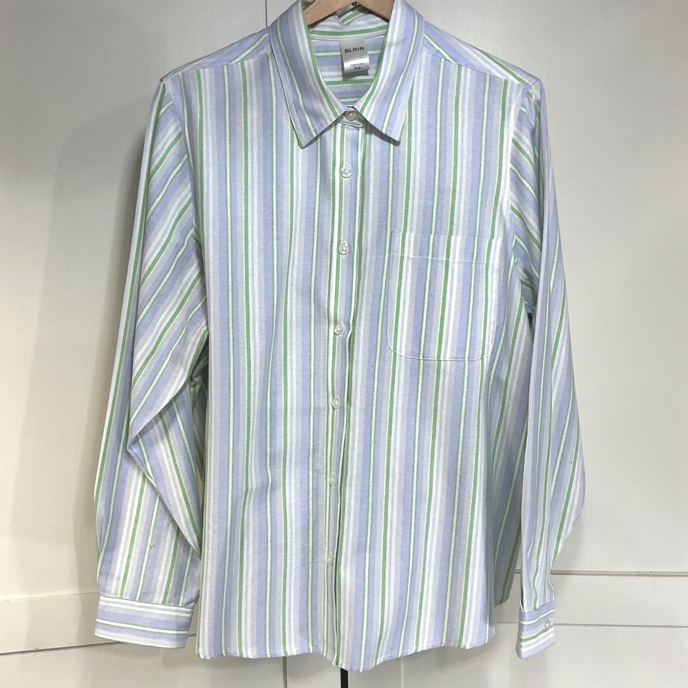 Vintage Blair Striped Button Down Shirt Womens XL Green Lavender Pastel Preppy